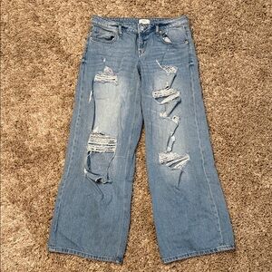 Forever 21 Light Blue Distressed Low Rise Baggy Jeans